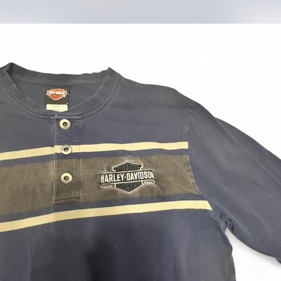 Harley-Davidson Men's Navy and Tan Button Down Shirt - Picture 2 of 5